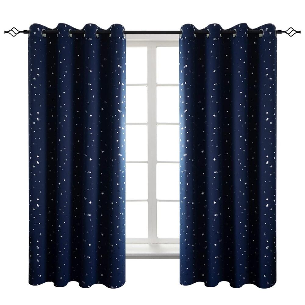 Kids Blackout Curtains Set 52x63 Navy Blue Silver Stars Insulated Darkening New